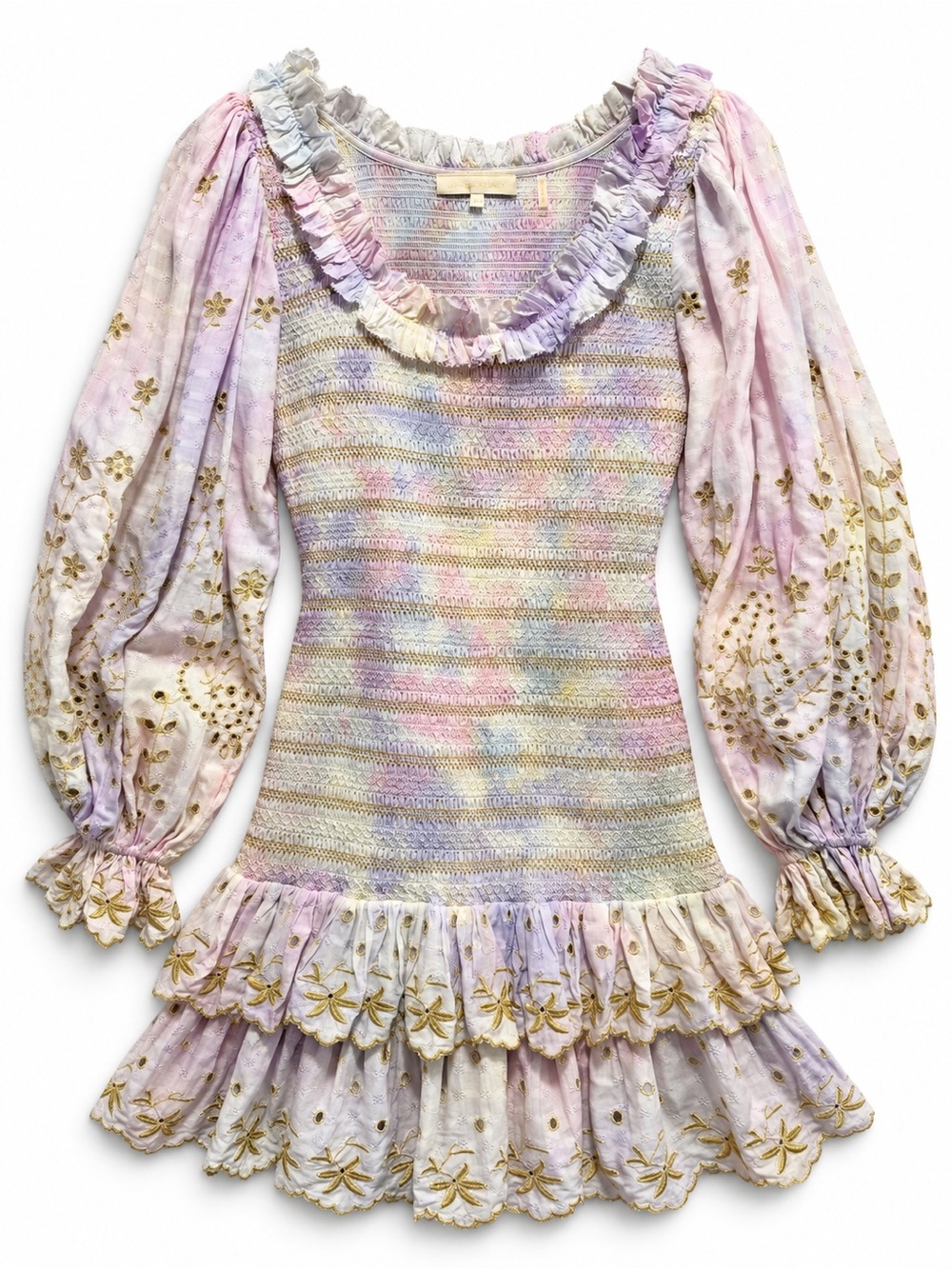 LoveShackFancy Celia Pastel Tie Dye Gold Eyelet Smocked Ruffle Mini Dress XS